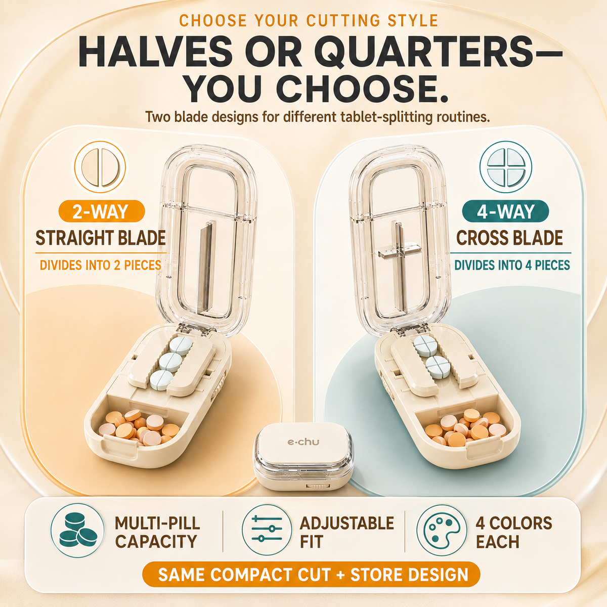 2-in-1 Adjustable Multi-Pill Cutter & Storage Case – 2-Way or 4-Way