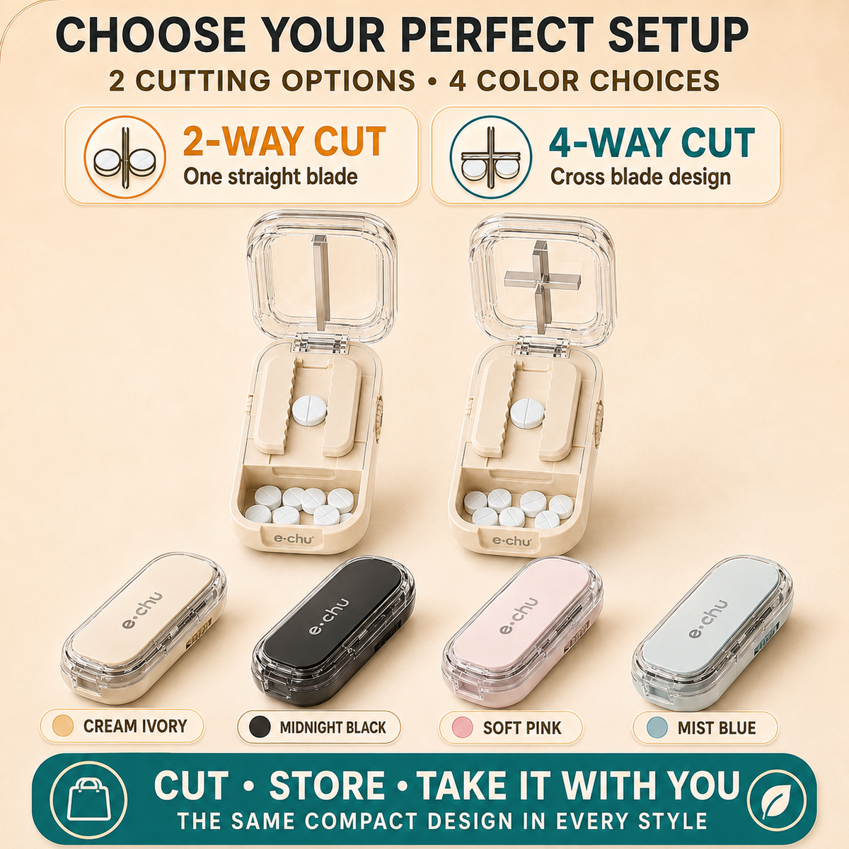 2-in-1 Adjustable Multi-Pill Cutter & Storage Case – 2-Way or 4-Way